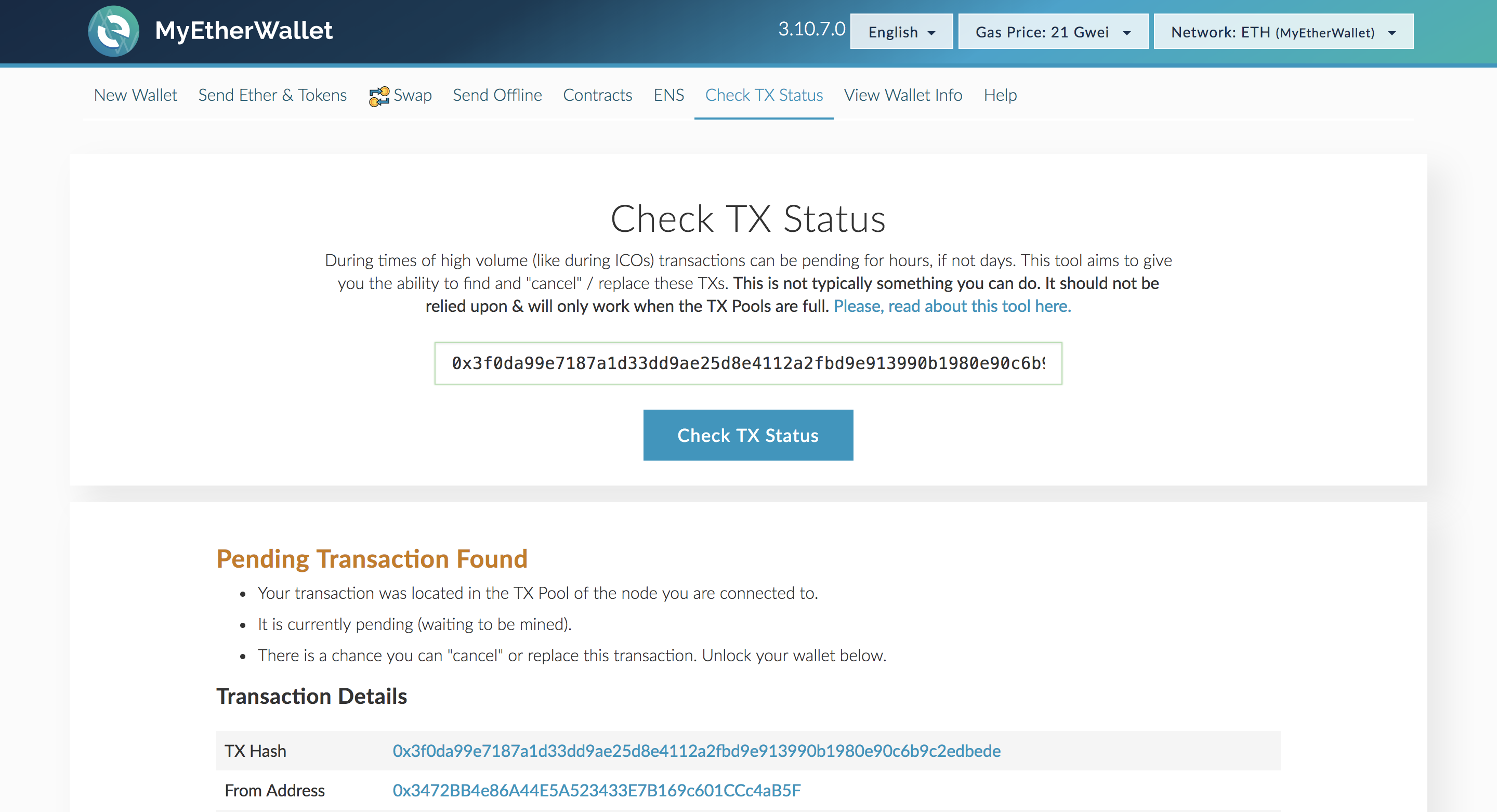 ICO investment check tx status